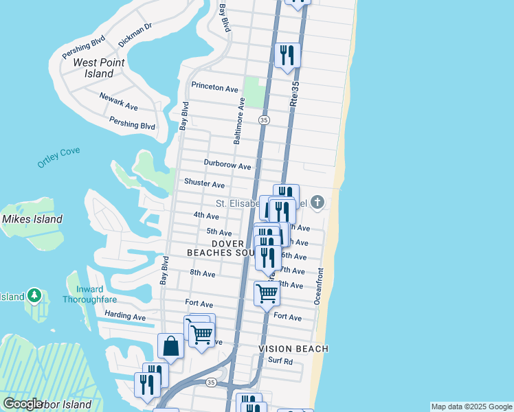 map of restaurants, bars, coffee shops, grocery stores, and more near 121 3rd Avenue in Seaside Heights