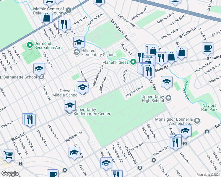 map of restaurants, bars, coffee shops, grocery stores, and more near 807 Hampshire Road in Drexel Hill