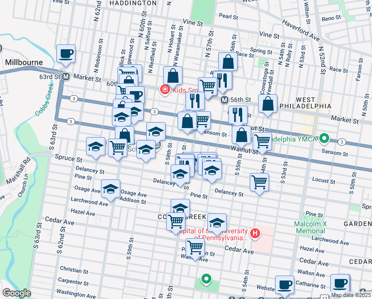 map of restaurants, bars, coffee shops, grocery stores, and more near 219 South Alden Street in Philadelphia