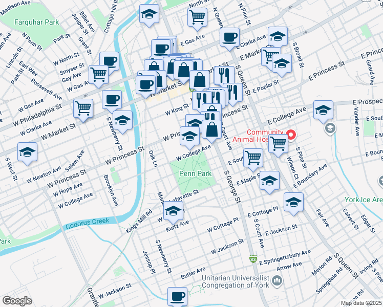 map of restaurants, bars, coffee shops, grocery stores, and more near 101 West College Avenue in York