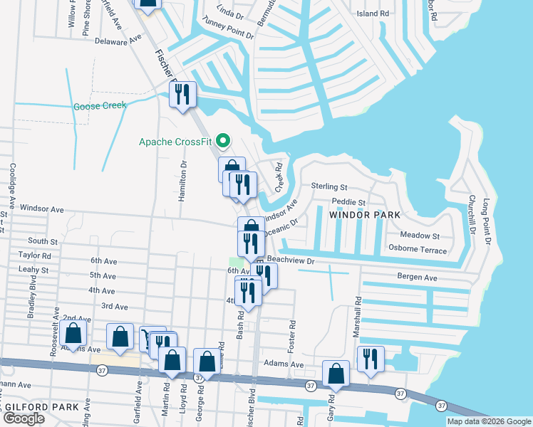 map of restaurants, bars, coffee shops, grocery stores, and more near 593 Fischer Boulevard in Toms River