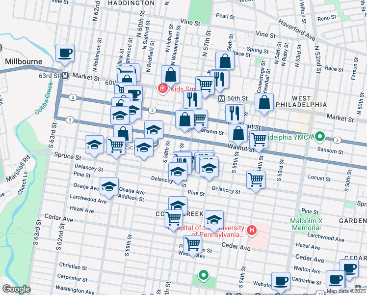 map of restaurants, bars, coffee shops, grocery stores, and more near 219 South Alden Street in Philadelphia
