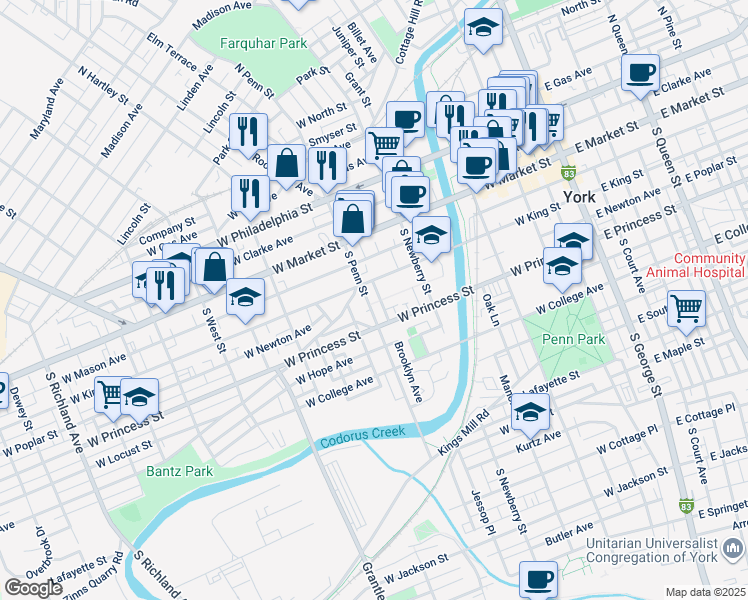map of restaurants, bars, coffee shops, grocery stores, and more near 125 South Penn Street in York