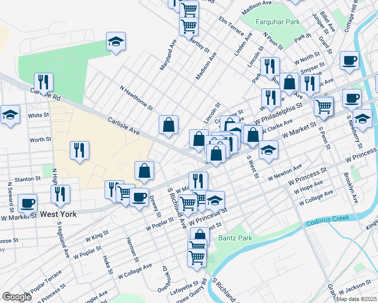 map of restaurants, bars, coffee shops, grocery stores, and more near 776 West Philadelphia Street in York