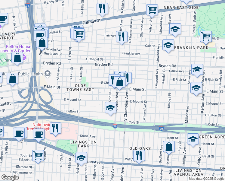 map of restaurants, bars, coffee shops, grocery stores, and more near 1039 East Main Street in Columbus