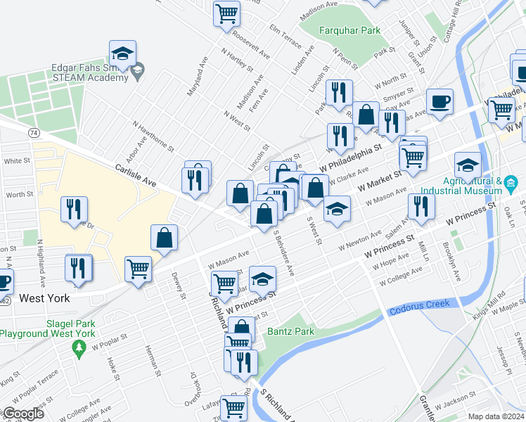 map of restaurants, bars, coffee shops, grocery stores, and more near 26 North Belvidere Avenue in York