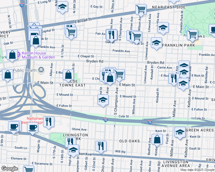 map of restaurants, bars, coffee shops, grocery stores, and more near 1063 East Main Street in Columbus