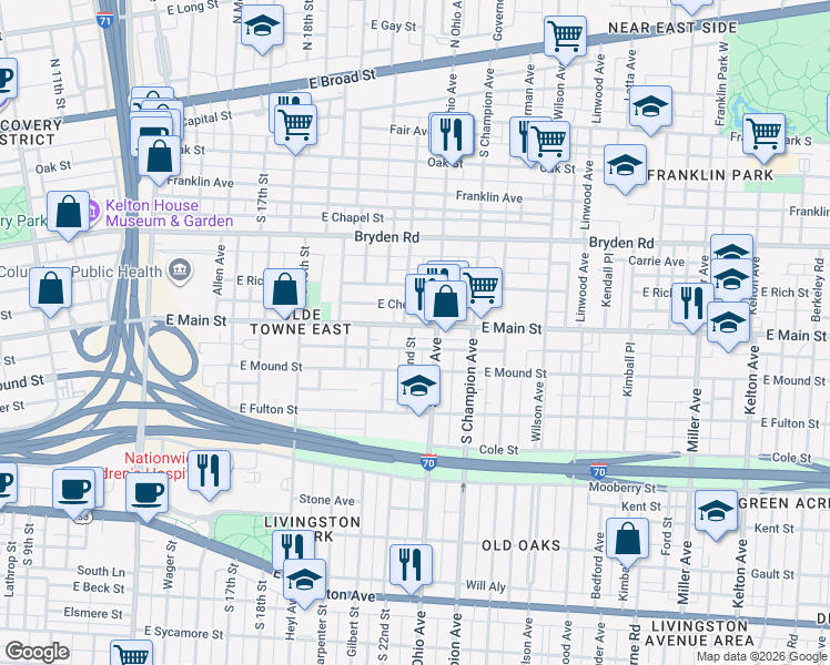 map of restaurants, bars, coffee shops, grocery stores, and more near 1023 East Main Street in Columbus