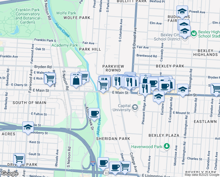 map of restaurants, bars, coffee shops, grocery stores, and more near 2160 East Main Street in Bexley