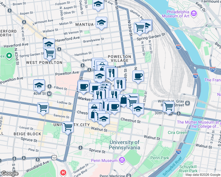 map of restaurants, bars, coffee shops, grocery stores, and more near in Philadelphia