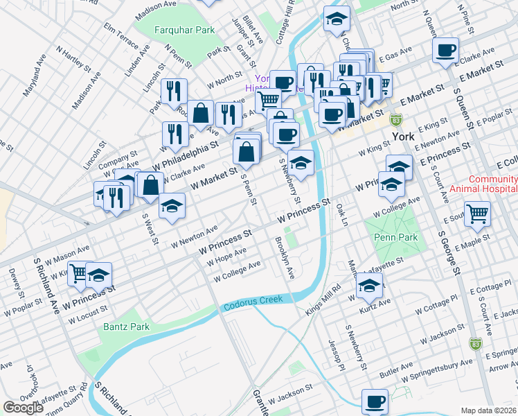 map of restaurants, bars, coffee shops, grocery stores, and more near 157 South Penn Street in York