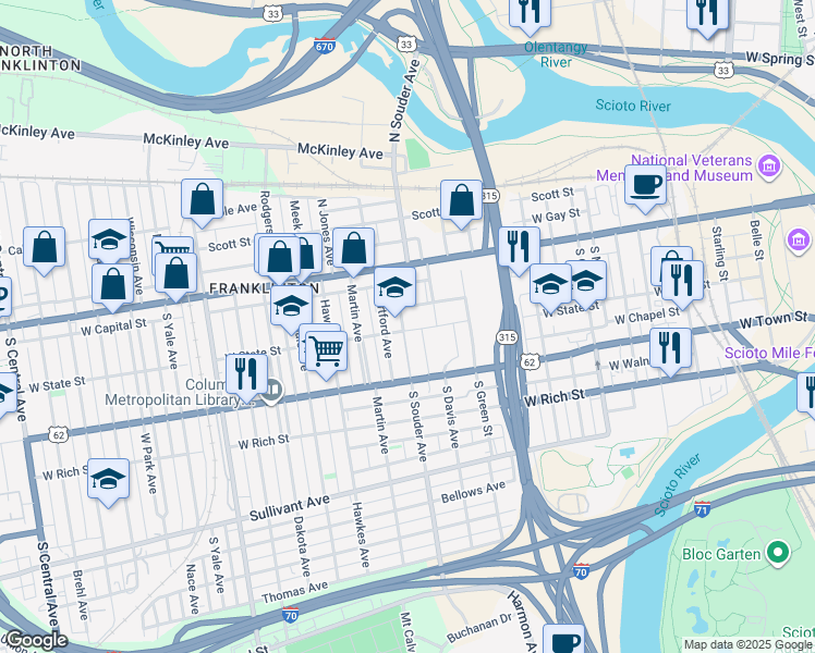 map of restaurants, bars, coffee shops, grocery stores, and more near 127 South Davis Avenue in Columbus