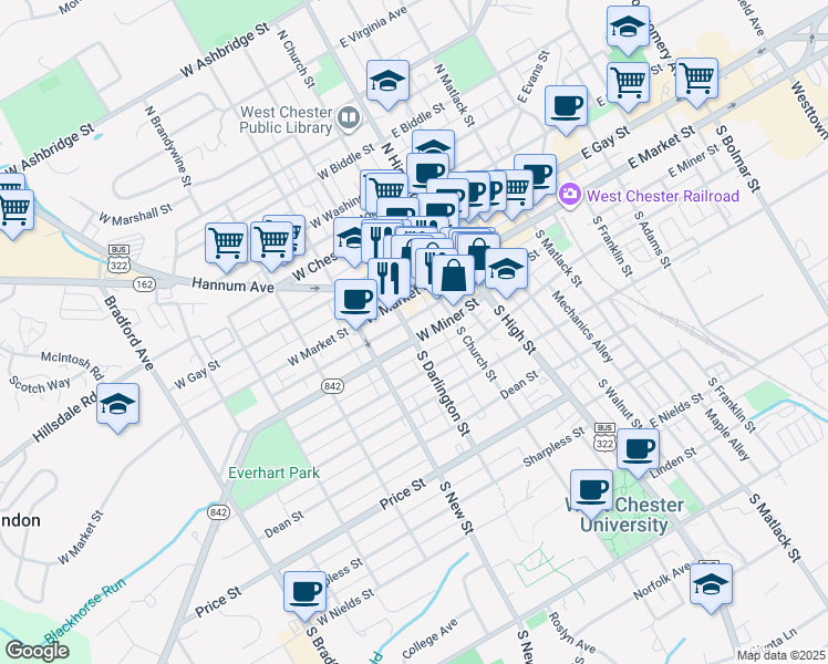 map of restaurants, bars, coffee shops, grocery stores, and more near 129 West Miner Street in West Chester