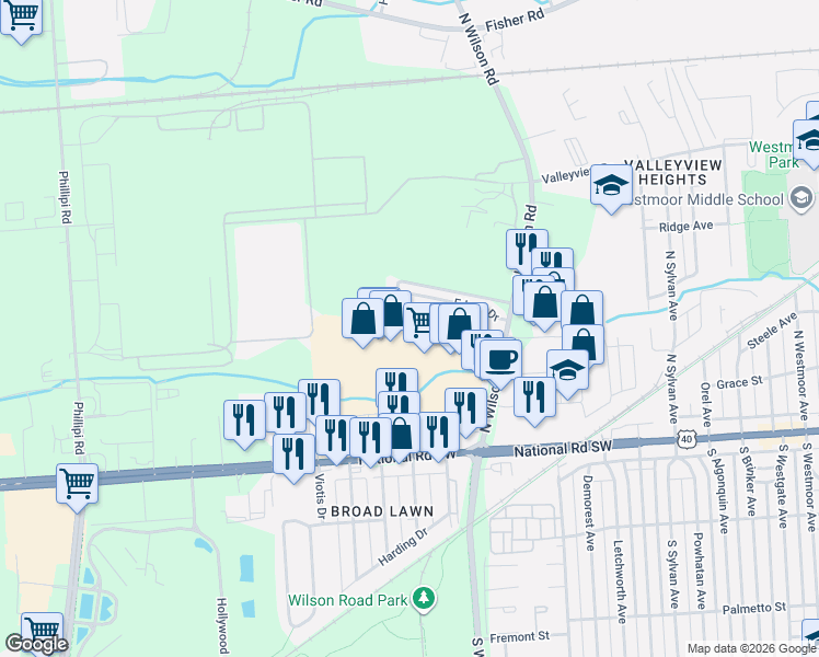 map of restaurants, bars, coffee shops, grocery stores, and more near 169 North Wilson Road in Columbus