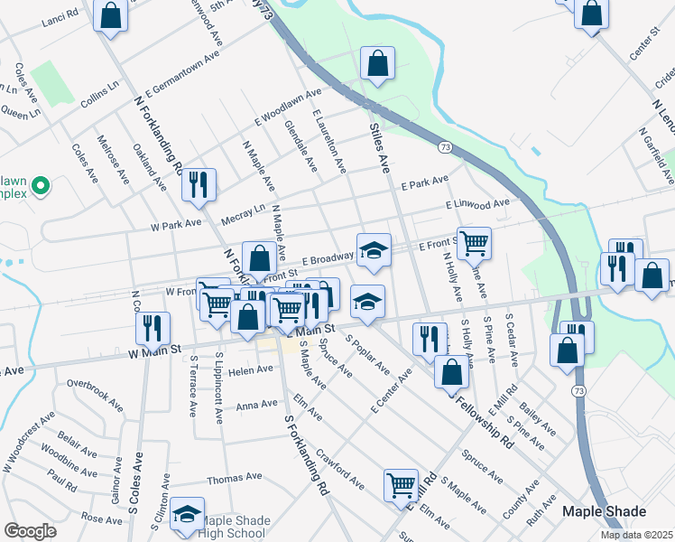 map of restaurants, bars, coffee shops, grocery stores, and more near 34 North Fellowship Road in Maple Shade