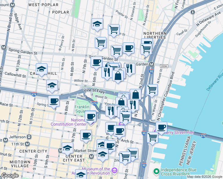 map of restaurants, bars, coffee shops, grocery stores, and more near 360 North 3rd Street in Philadelphia