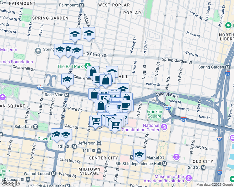 map of restaurants, bars, coffee shops, grocery stores, and more near 224 North 10th Street in Philadelphia