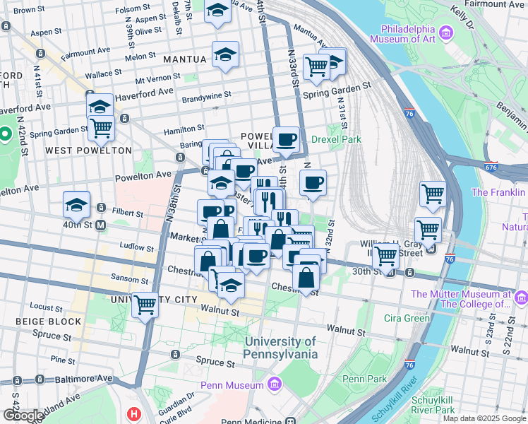 map of restaurants, bars, coffee shops, grocery stores, and more near 104 North Shedwick Street in Philadelphia