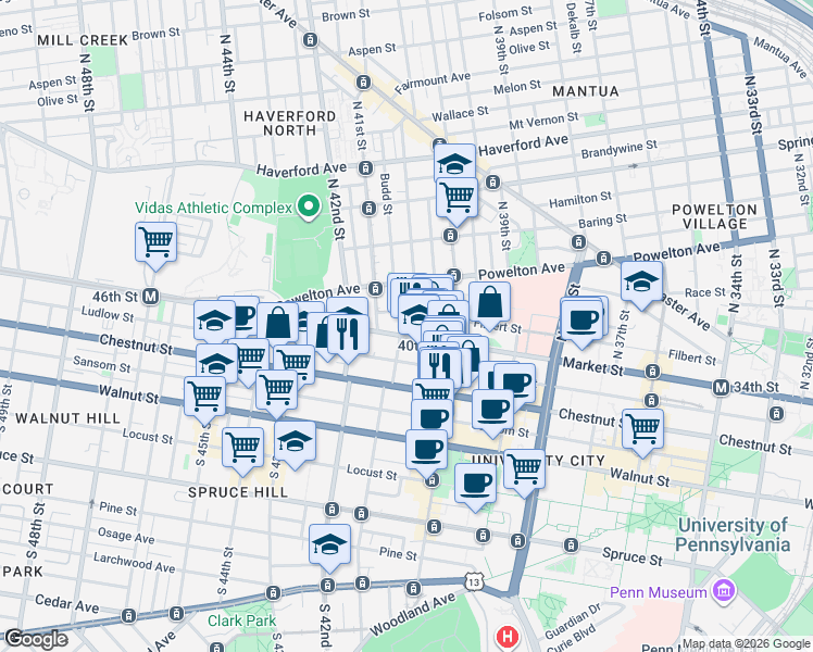 map of restaurants, bars, coffee shops, grocery stores, and more near 4054 Market Street in Philadelphia