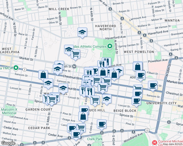 map of restaurants, bars, coffee shops, grocery stores, and more near 4501 Chestnut Street in Philadelphia