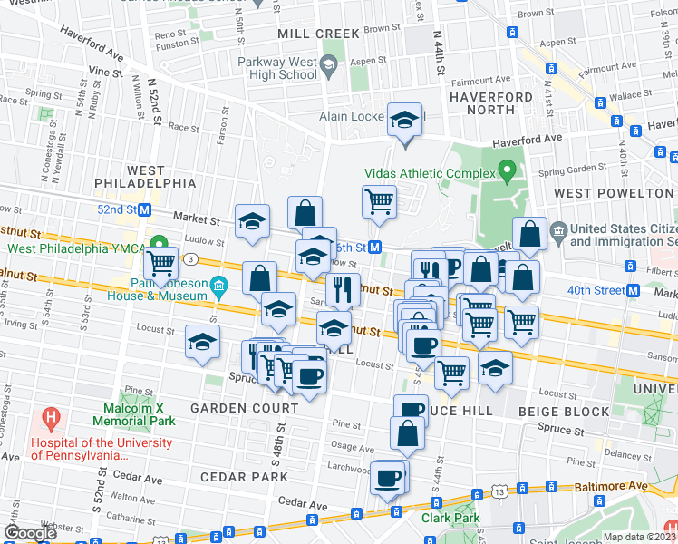 map of restaurants, bars, coffee shops, grocery stores, and more near 4712 Chestnut Street in Philadelphia