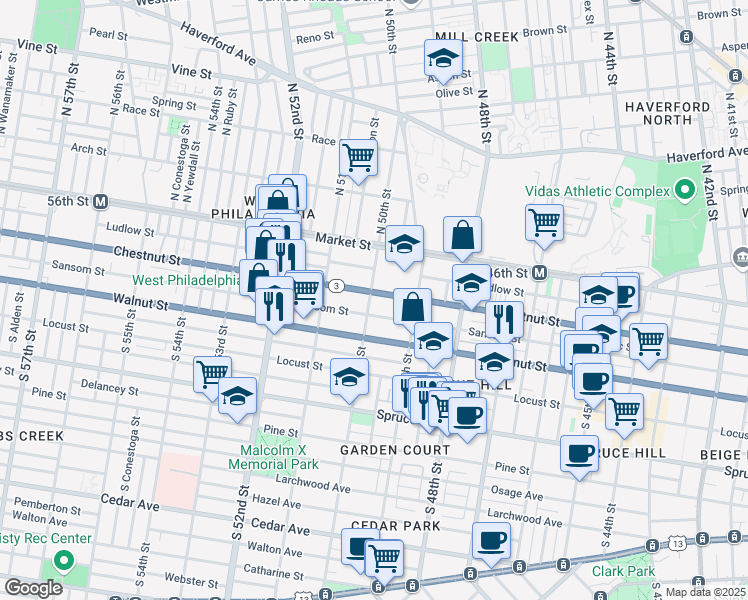 map of restaurants, bars, coffee shops, grocery stores, and more near 4934 Sansom Street in Philadelphia