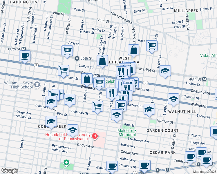 map of restaurants, bars, coffee shops, grocery stores, and more near 5310 Walnut Street in Philadelphia