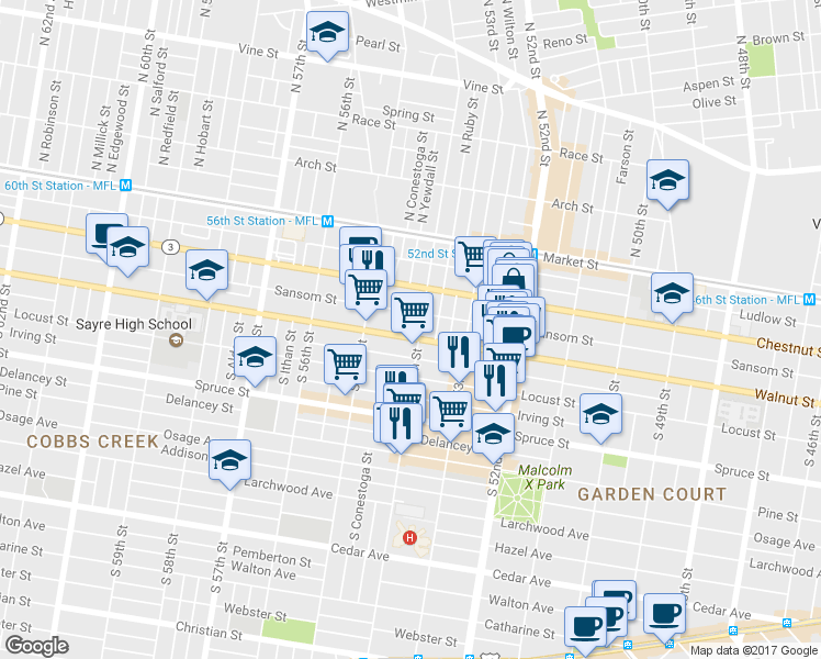 map of restaurants, bars, coffee shops, grocery stores, and more near 5400 Walnut Street in Philadelphia