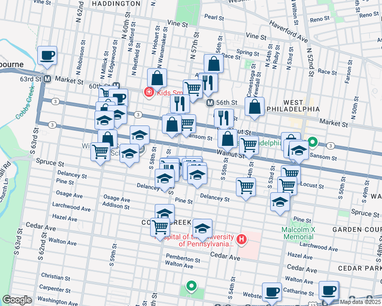 map of restaurants, bars, coffee shops, grocery stores, and more near 214 South Ithan Street in Philadelphia