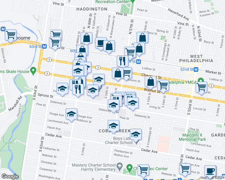 map of restaurants, bars, coffee shops, grocery stores, and more near 247 South Cecil Street in Philadelphia