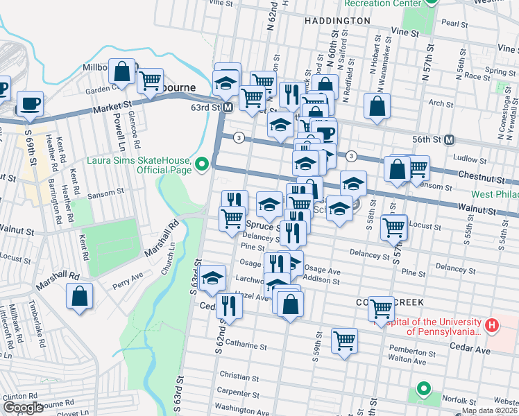 map of restaurants, bars, coffee shops, grocery stores, and more near 6121 Spruce Street in Philadelphia
