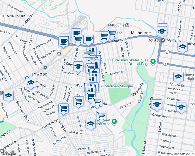 map of restaurants, bars, coffee shops, grocery stores, and more near 141 South 69th Street in Delaware County