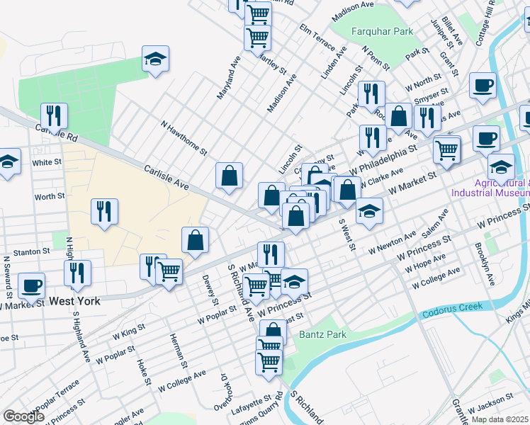 map of restaurants, bars, coffee shops, grocery stores, and more near 48 Carlisle Avenue in York