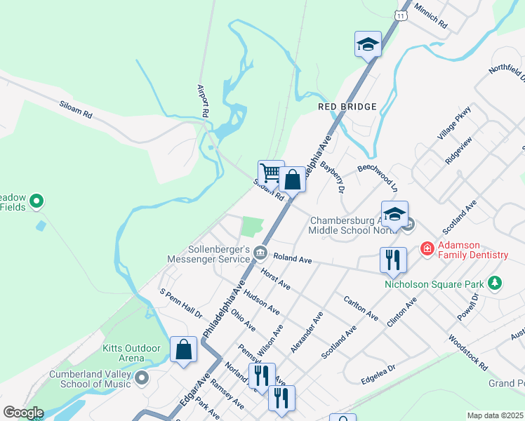 map of restaurants, bars, coffee shops, grocery stores, and more near 1871 Philadelphia Avenue in Chambersburg