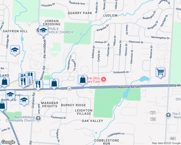 map of restaurants, bars, coffee shops, grocery stores, and more near 8002 Greenspire Drive in Reynoldsburg