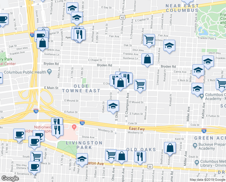 map of restaurants, bars, coffee shops, grocery stores, and more near 403 South Ohio Avenue in Columbus