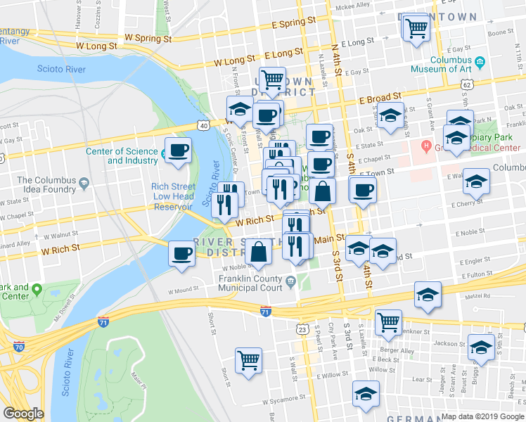 map of restaurants, bars, coffee shops, grocery stores, and more near 228 South Front Street in Columbus