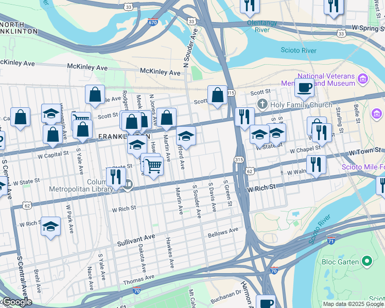 map of restaurants, bars, coffee shops, grocery stores, and more near 127 South Davis Avenue in Columbus