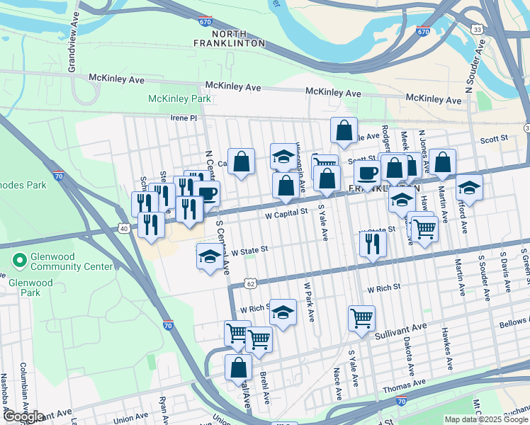 map of restaurants, bars, coffee shops, grocery stores, and more near 52 Dana Avenue in Columbus