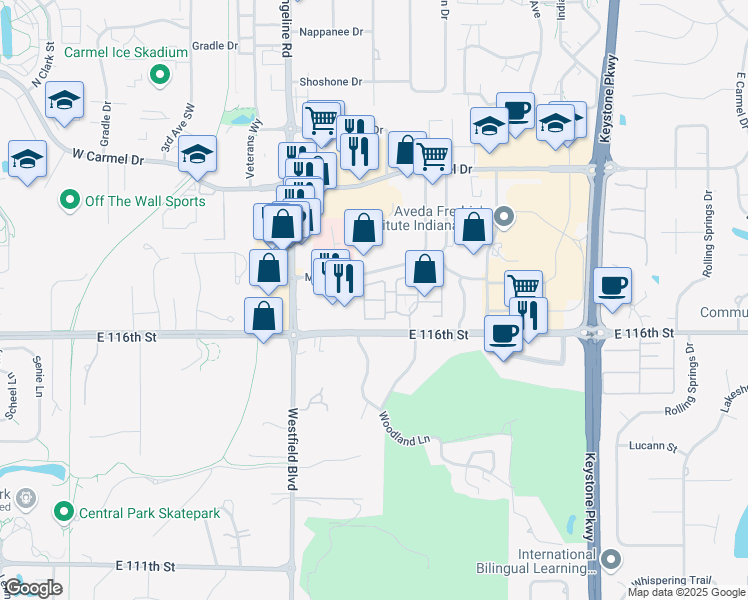map of restaurants, bars, coffee shops, grocery stores, and more near 1438 Monroe Drive in Carmel