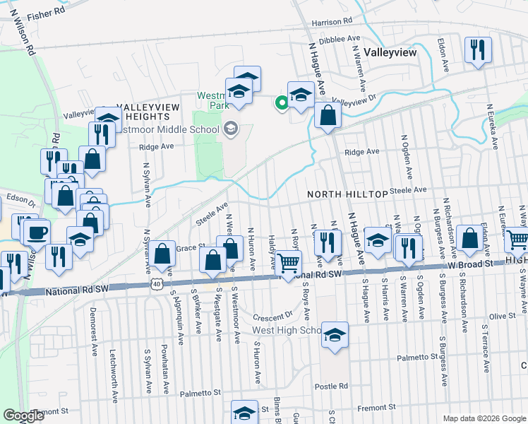 map of restaurants, bars, coffee shops, grocery stores, and more near 106 North Huron Avenue in Columbus