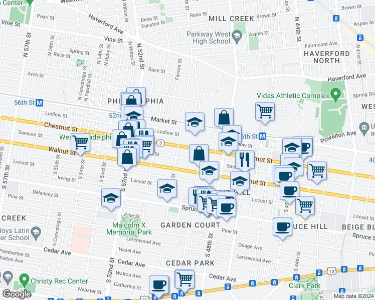 map of restaurants, bars, coffee shops, grocery stores, and more near 4934 Chestnut Street in Philadelphia