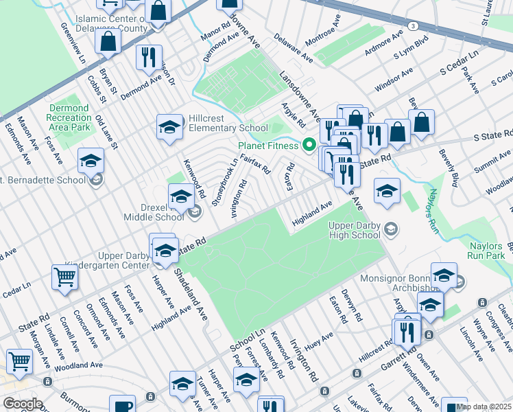 map of restaurants, bars, coffee shops, grocery stores, and more near 807 Hampshire Road in Drexel Hill