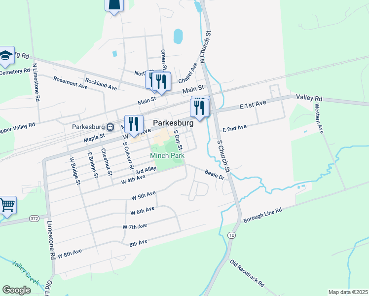 map of restaurants, bars, coffee shops, grocery stores, and more near 157 South Gay Street in Parkesburg