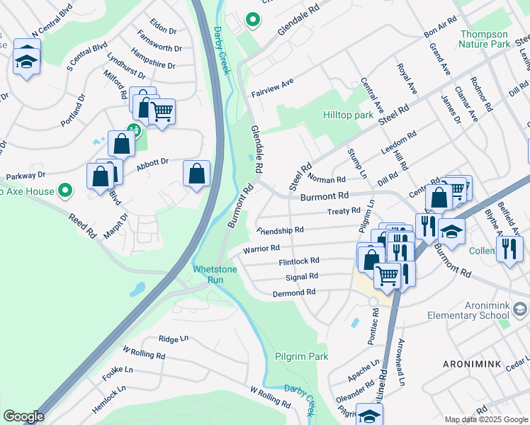 map of restaurants, bars, coffee shops, grocery stores, and more near 225 Treaty Road in Delaware County
