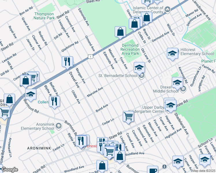 map of restaurants, bars, coffee shops, grocery stores, and more near 1018 Concord Avenue in Upper Darby
