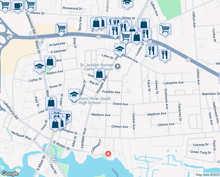 map of restaurants, bars, coffee shops, grocery stores, and more near 63 Hadley Avenue in Toms River