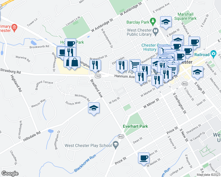 map of restaurants, bars, coffee shops, grocery stores, and more near 200 North Everhart Avenue in West Chester