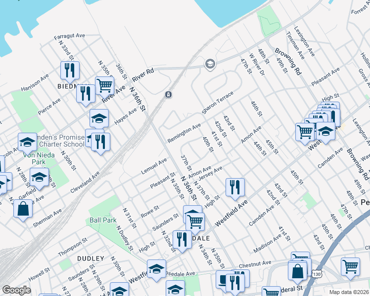 map of restaurants, bars, coffee shops, grocery stores, and more near 1729 37th Street in Pennsauken Township