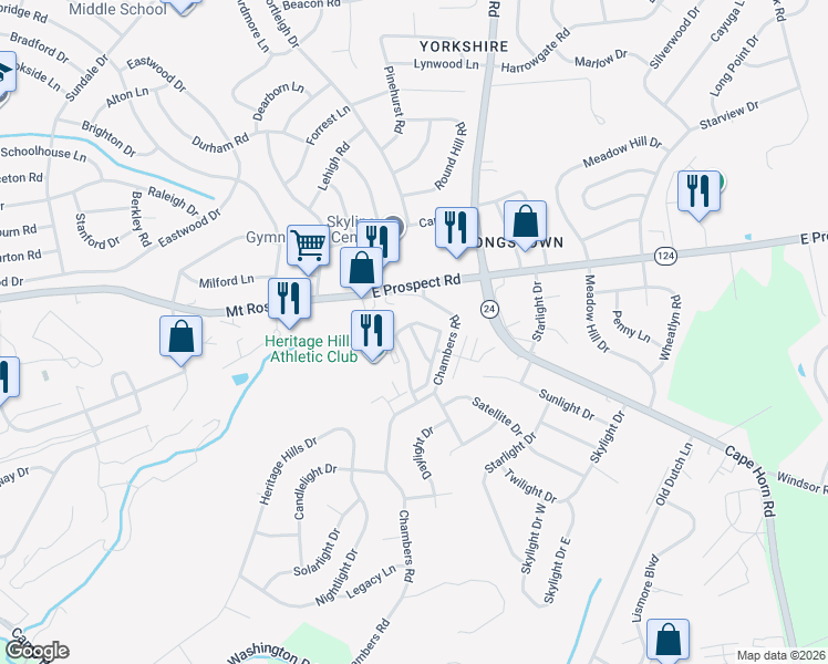 map of restaurants, bars, coffee shops, grocery stores, and more near 506 Chambers Ridge in York